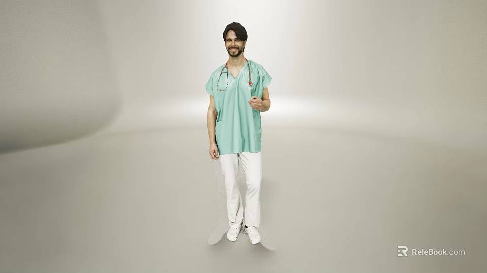 Man In Green Medical Scrubs And White Pants Holding Stethoscope Standing Against Gray Background 3d model 