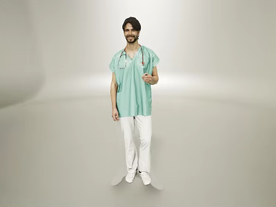 Man In Green Medical Scrubs And White Pants Holding Stethoscope Standing Against Gray Background 3d model