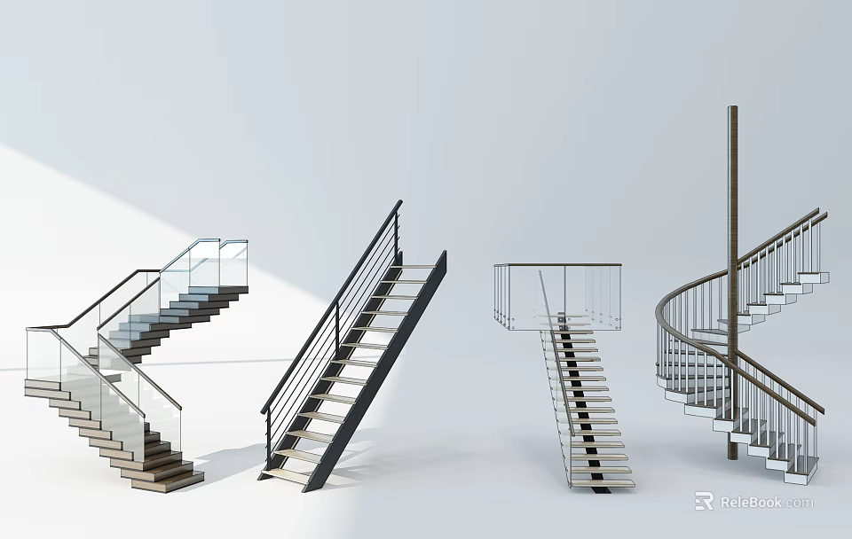 Different Staircase Designs Featuring Glass Black Railings Metal Frames and Spiral Structure 3d model 