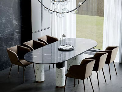 Marble Dining Table Set With Brown Chairs Hanging Pendant Light And Window View 3d model