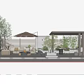 Modern Garden Landscape With Outdoor Sofa Fire Pit Umbrella And Lush Trees