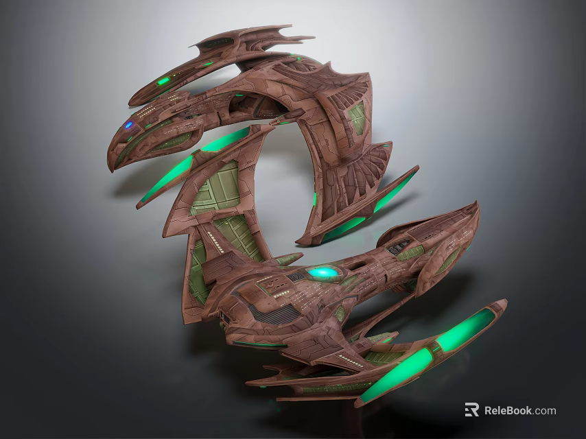 Intricate Sci Fi Mechanical Structure Featuring Brown Exterior And Green Glowing Accents 3d model 