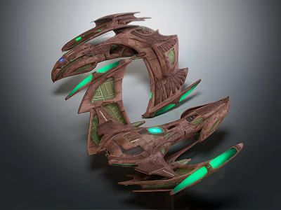 Intricate Sci Fi Mechanical Structure Featuring Brown Exterior And Green Glowing Accents 3d model