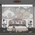 Cozy Kids Room With Hot Air Balloon Cloud Wall Mural Bed Toys And Bookshelf