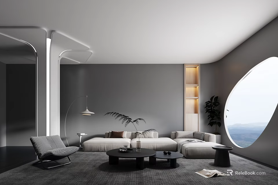 Modern Living Room Interior With Sectional Sofa Round Window And Floor Lamp 3d model 