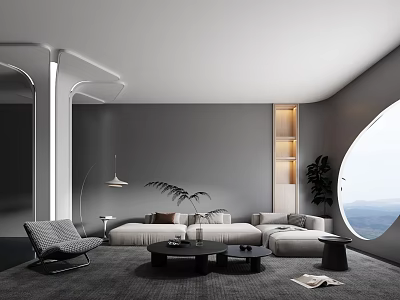 Modern Living Room Interior With Sectional Sofa Round Window And Floor Lamp 3d model
