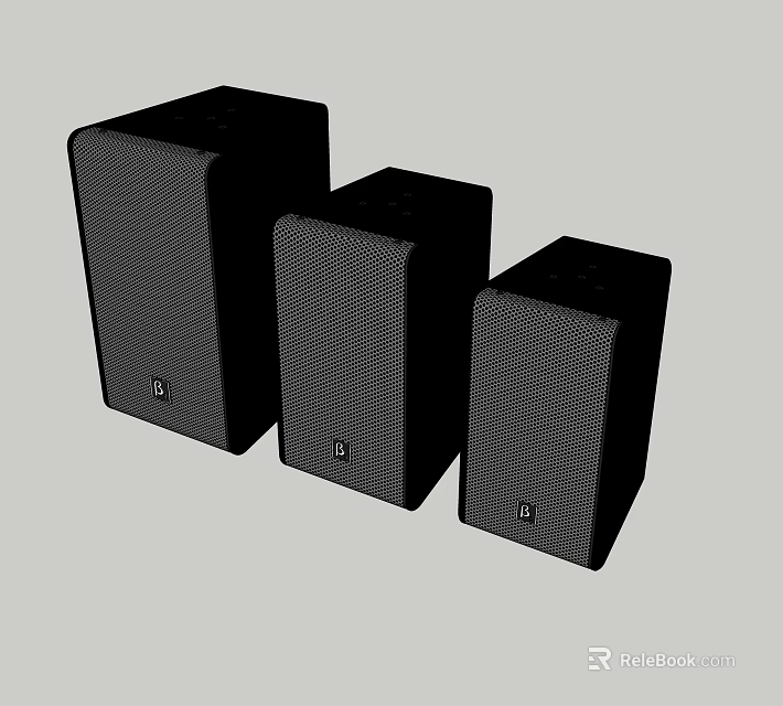 Black Audio Speakers With Three Different Sizes And Mesh Surface Design 3d model 
