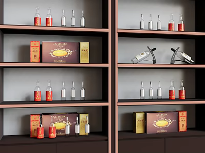 Elegant Wine Bottles And Glasses Display On Wooden Shelves With Storage Cabinets 3d model