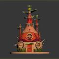 Fairy Tale Scenery Featuring Colorful Small House With Red Roof Green Decorations And Orange Base