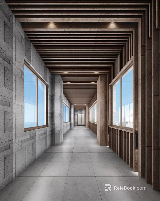 Elevator Hallway Interior With Wooden Ceiling Stone Walls Large Windows And Natural Light 3d model 