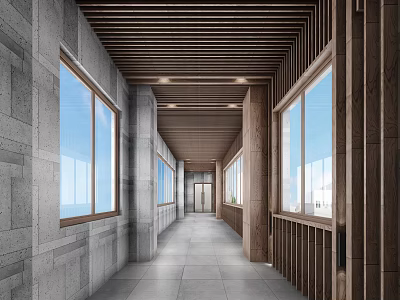 Elevator Hallway Interior With Wooden Ceiling Stone Walls Large Windows And Natural Light 3d model