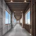 Elevator Hallway Interior With Wooden Ceiling Stone Walls Large Windows And Natural Light