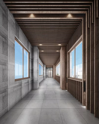 Elevator Hallway Interior With Wooden Ceiling Stone Walls Large Windows And Natural Light 3d model