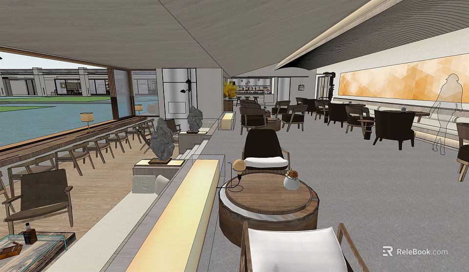 Modern Hotel Lobby Interior With Comfortable Seating Decorative Sculptures And Natural Light 3d model 