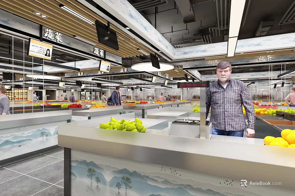 Spacious Modern Supermarket Interior With Fresh Fruits Vegetables And Shopping Customers 3d model 