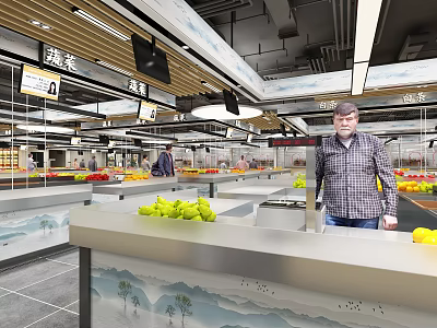 Spacious Modern Supermarket Interior With Fresh Fruits Vegetables And Shopping Customers 3d model