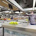 Spacious Modern Supermarket Interior With Fresh Fruits Vegetables And Shopping Customers