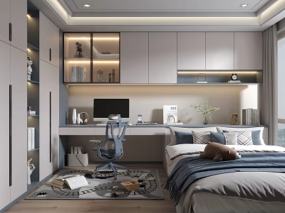 Modern Tatami Bedroom Interior Design With Desk Storage Cabinets And Soft Tones 3d model