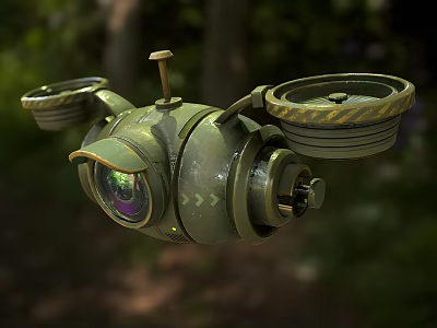 Smart Machine Flying Drone With Green Metallic Body Camera Lens And Propellers In Forest 3d model