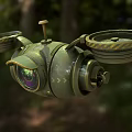 Smart Machine Flying Drone With Green Metallic Body Camera Lens And Propellers In Forest
