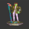 3D Splatoon Inkling Character with Light Green Hair and Black Coat Holding Green Pink Weapon