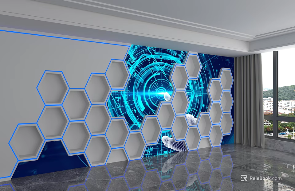Modern Tech Style Hexagonal Storage Shelves With Blue Futuristic Pattern Wall Design 3d model 