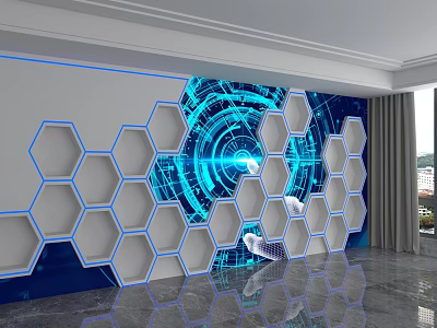 Modern Tech Style Hexagonal Storage Shelves With Blue Futuristic Pattern Wall Design 3d model