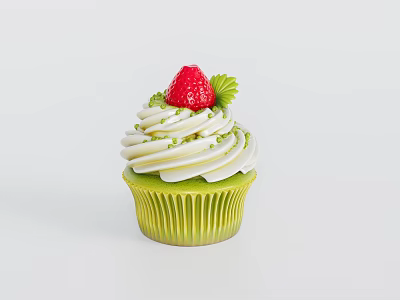 Delicious Green Cupcake with White Frosting Topped with Fresh Red Strawberry and Green Decorations 3d model