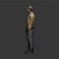 Male Worker Wearing Yellow T-Shirt Blue Cap Blue Jeans And Tool Belt On Grey Background
