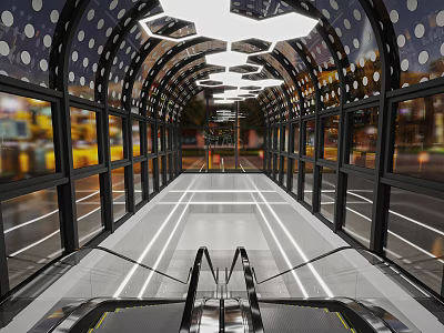 Modern Escalator Aisle With Glass Walls Ceiling Lighting And Floor Stripes Design 3d model