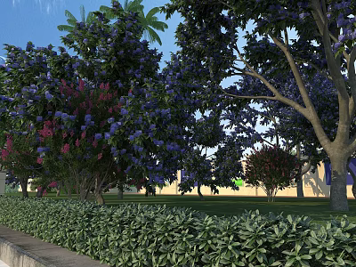 Lush Garden Landscape Design With Diverse Trees Green Lawn And Trimmed Bushes 3d model