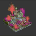 Miniature Scenic Landscape With Cottage Lush Trees Garden Stream Patio And Colorful Flowers