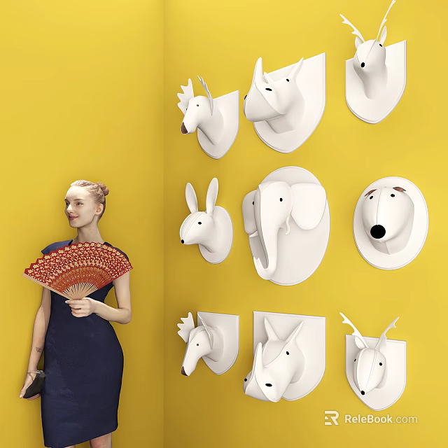 White Animal Head Wall Decor Pieces On Yellow Wall Modern Home Design 3d model 