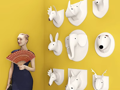 White Animal Head Wall Decor Pieces On Yellow Wall Modern Home Design 3d model
