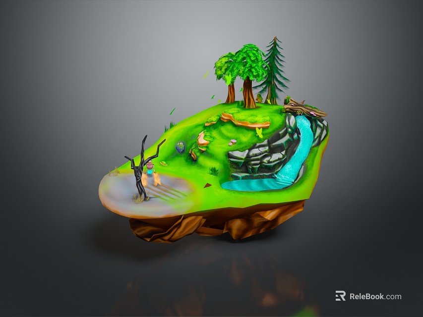 Floating Island Natural Landscape With Green Grass Tall Trees And Flowing Waterfall Path 3d model 