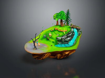 Floating Island Natural Landscape With Green Grass Tall Trees And Flowing Waterfall Path 3d model