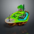 Floating Island Natural Landscape With Green Grass Tall Trees And Flowing Waterfall Path