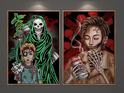 Character Portrait Paintings Featuring Skeleton Green Cloak Girl Eye Patch Smoking Drink Can Red Background 3d model