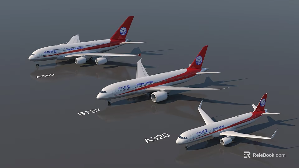 Passenger Airliners B747 A350 Models With Red White Tails And Body Logos Parked On Tarmac 3d model 