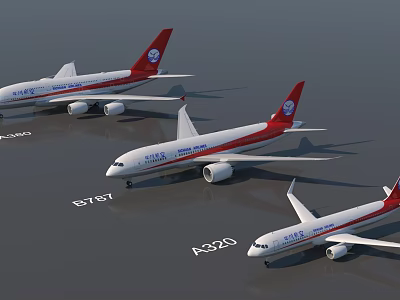 Passenger Airliners B747 A350 Models With Red White Tails And Body Logos Parked On Tarmac 3d model