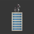 Cartoon Style Tall Building Model with Blue Windows and Top Antennas