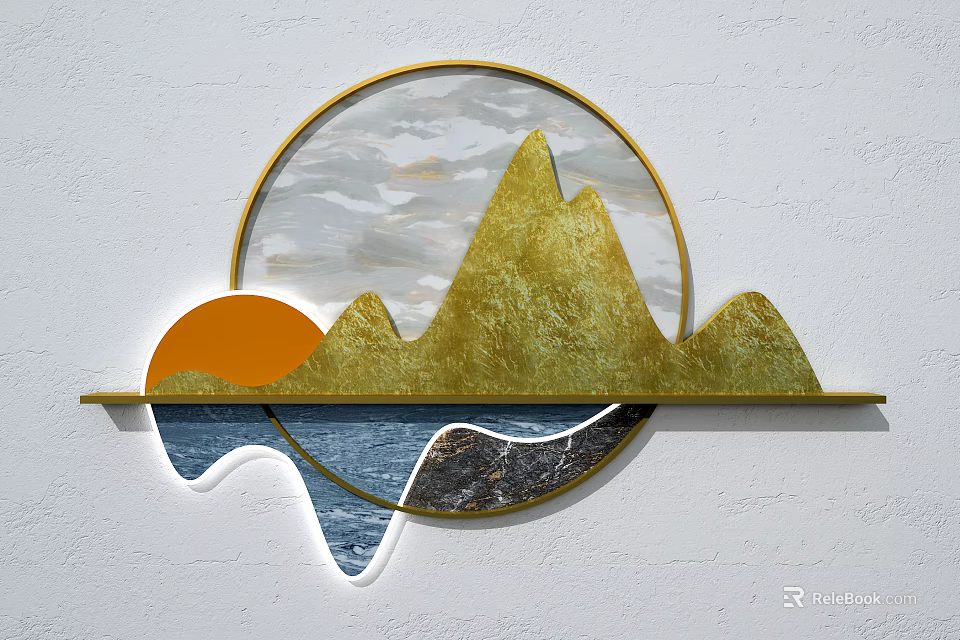Modern Wall Decor With Circular Frame Golden Mountains Orange Sun And Blue Water Shelf 3d model 