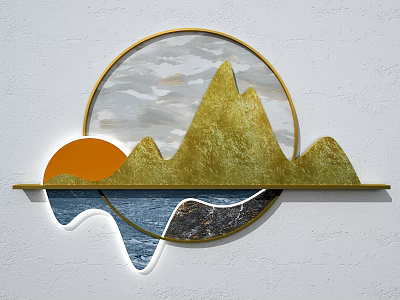 Modern Wall Decor With Circular Frame Golden Mountains Orange Sun And Blue Water Shelf 3d model