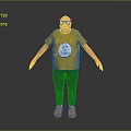3D Male Character With Bald Head Glasses Yellow T-shirt Let's Go Logo Blue Pants Brown Shoes