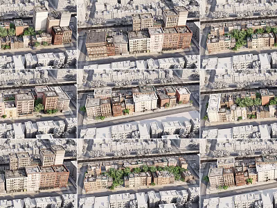Scenic Commercial Street with Diverse Buildings Green Spaces and Urban Layout 3d model