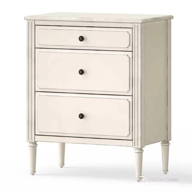 White Bedside Nightstand With Three Drawers And Black Round Knobs Decorative Legs 3d model 