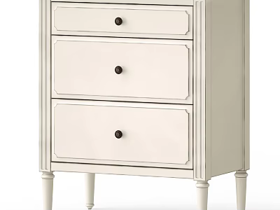 White Bedside Nightstand With Three Drawers And Black Round Knobs Decorative Legs 3d model