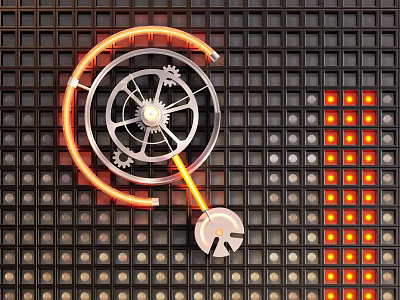 Mechanical Style Wall Lamp With Neon Orange Light And Gear Design On Grid Background 3d model