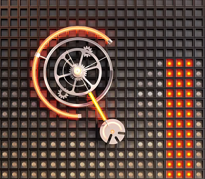 Mechanical Style Wall Lamp With Neon Orange Light And Gear Design On Grid Background 3d model