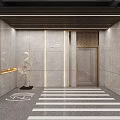 Modern Parking Garage Entrance With Marble Walls Elevator Door Sculpture And Black White Striped Floor